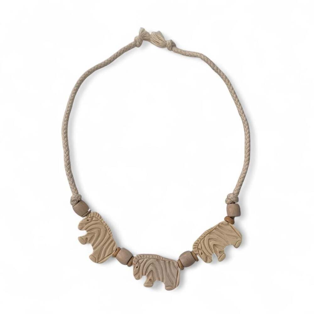 Vintage Handcrafted Wooden Zebra Safari Statement Necklace